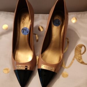 Coach Two-Tone Patent Pointed Toe Pumps in Nude and Black